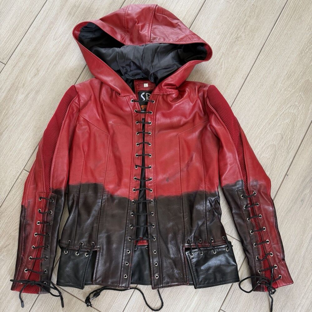 The Arrow Willa Holland Thea Queen Red Black Leather Motorcycle Jacket L Cosplay